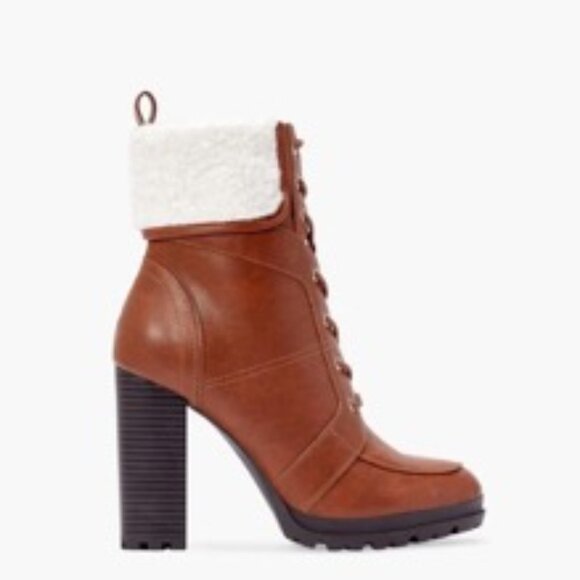 JustFab Shoes - JustFab Shandee Sherpa Lug Sole Women's Heeled Bootie Cognac Size 8